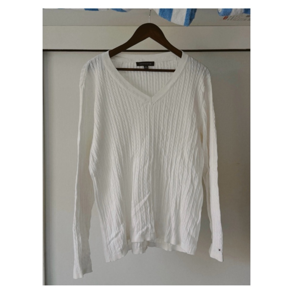 Tommy Hilfiger White V-Neck Ribbed Sweater